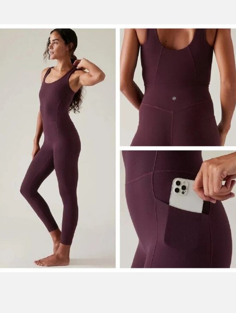 Athleta Salutation Stash 7/8 Spice Cabernet Burgundy Bodysuit Jumpsuit Onesie S